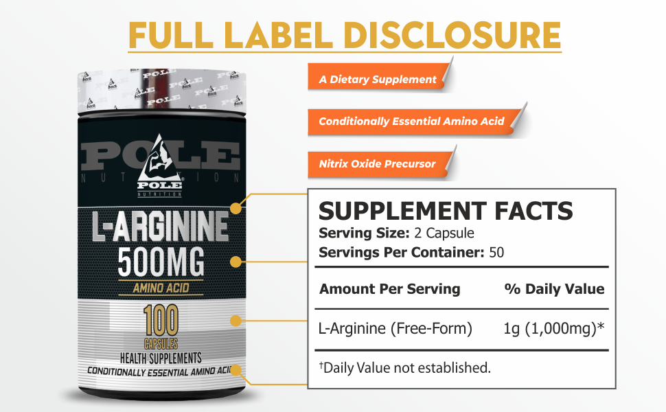 Pole Nutrition L-Arginine Essential Amino Acid 500mg | 100 Capsules - Premium Cardiovascular Support and Nitric Oxide Production
