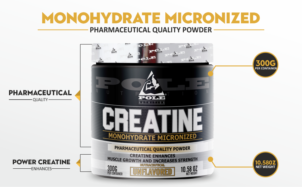 Pole Nutrition Creatine Monohydrate - Micronized Pharmaceutical Quality Powder | Unflavored 300g | Enhance Strength, Power, and Muscle Performance