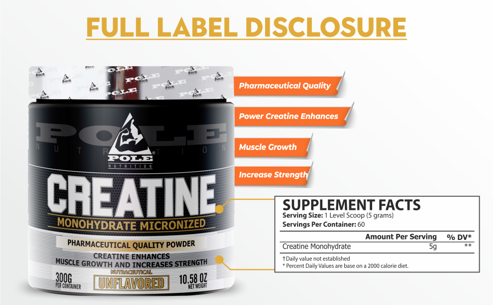 Pole Nutrition Creatine Monohydrate - Micronized Pharmaceutical Quality Powder | Unflavored 300g | Enhance Strength, Power, and Muscle Performance