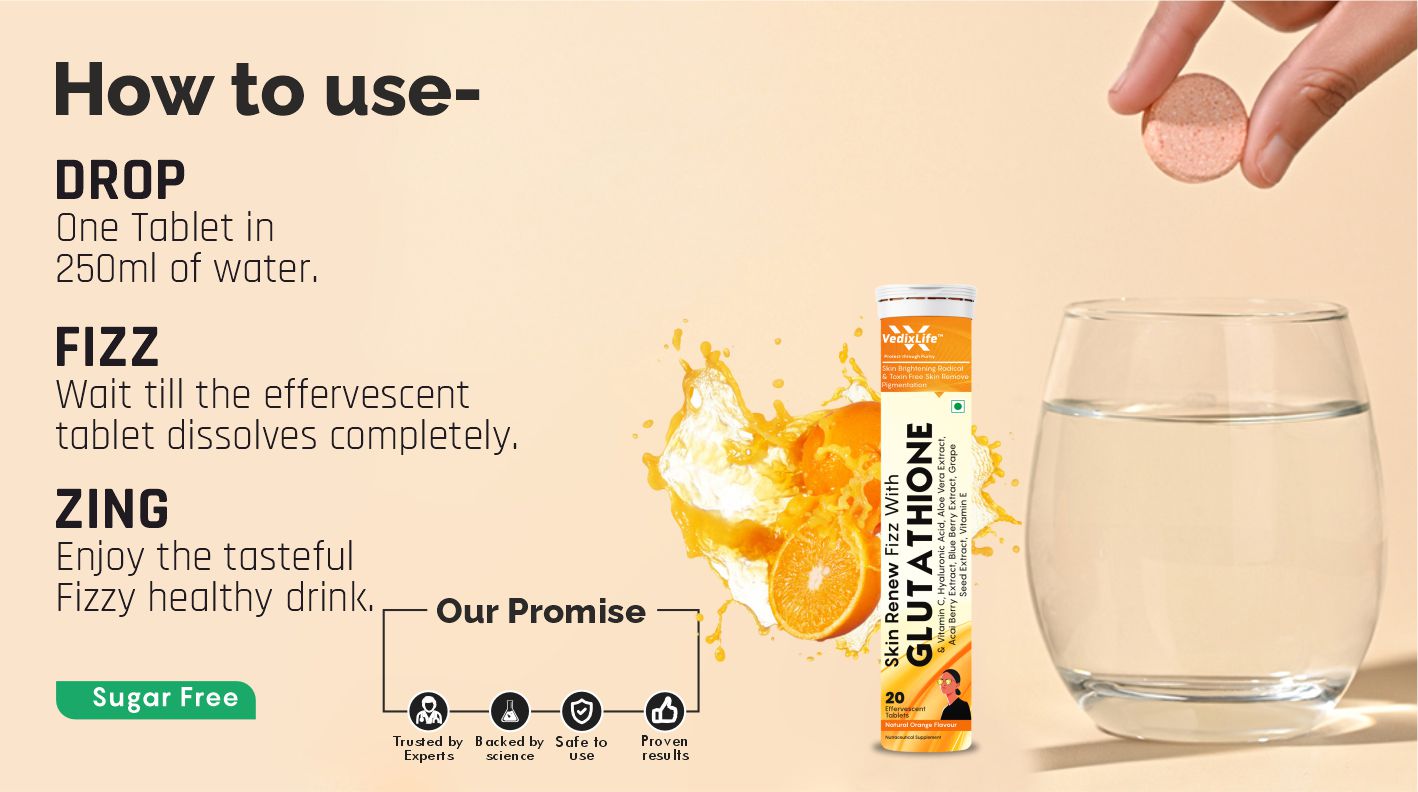 Glutathione Reduced Effervescent Tablets for Glowing Skin | 20 Tablets with 600mg L-Glutathione & Vitamin C | Antioxidant, Skin Glow Supplement for Clear Skin | Orange Flavour (Pack Of 1)