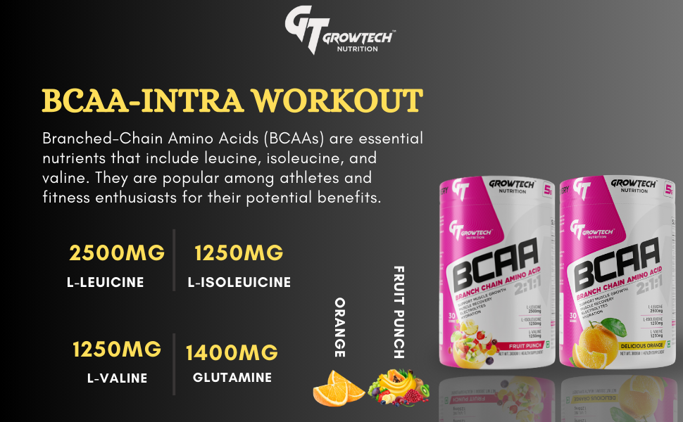 Growtech Nutrition BCAA 300g 2:1:1, 30 Servings with L-Citruiline, L-Arginine, L-Glutamine for Muscle Recovery & Hydration (Delicious Orange)