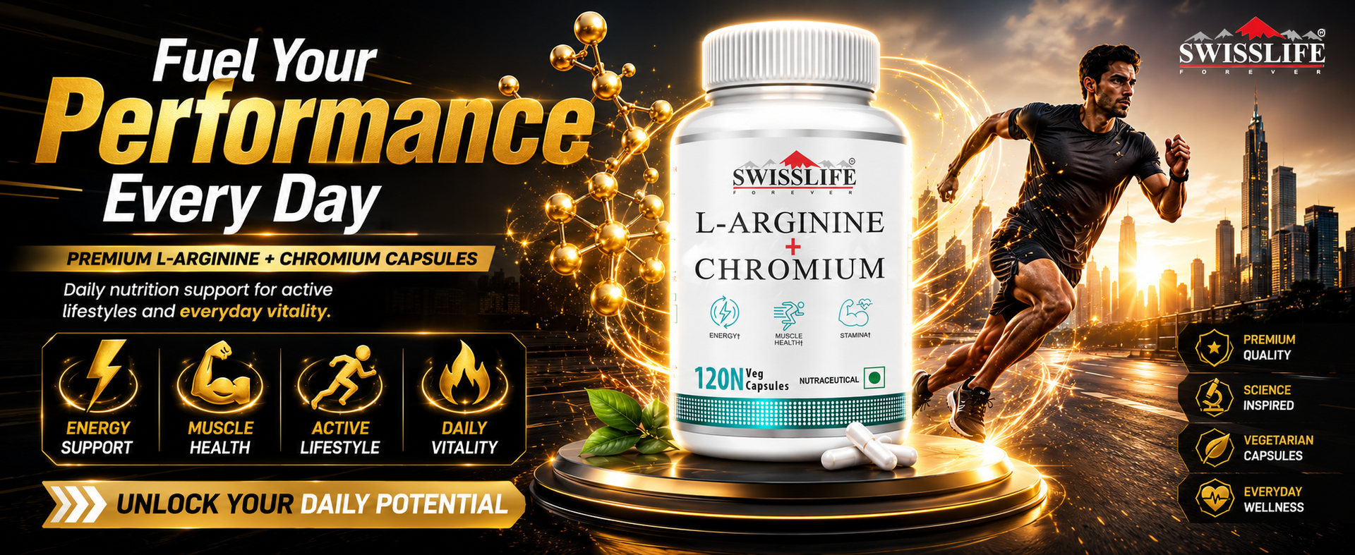 SWISSLIFE FOREVER L-Arginine & Chromium Capsules Supports Metabolism, Blood Sugar Balance & Cardiovascular Health Amino Acid Supplement for Men & Women Pack of 2 (120 Capsules)