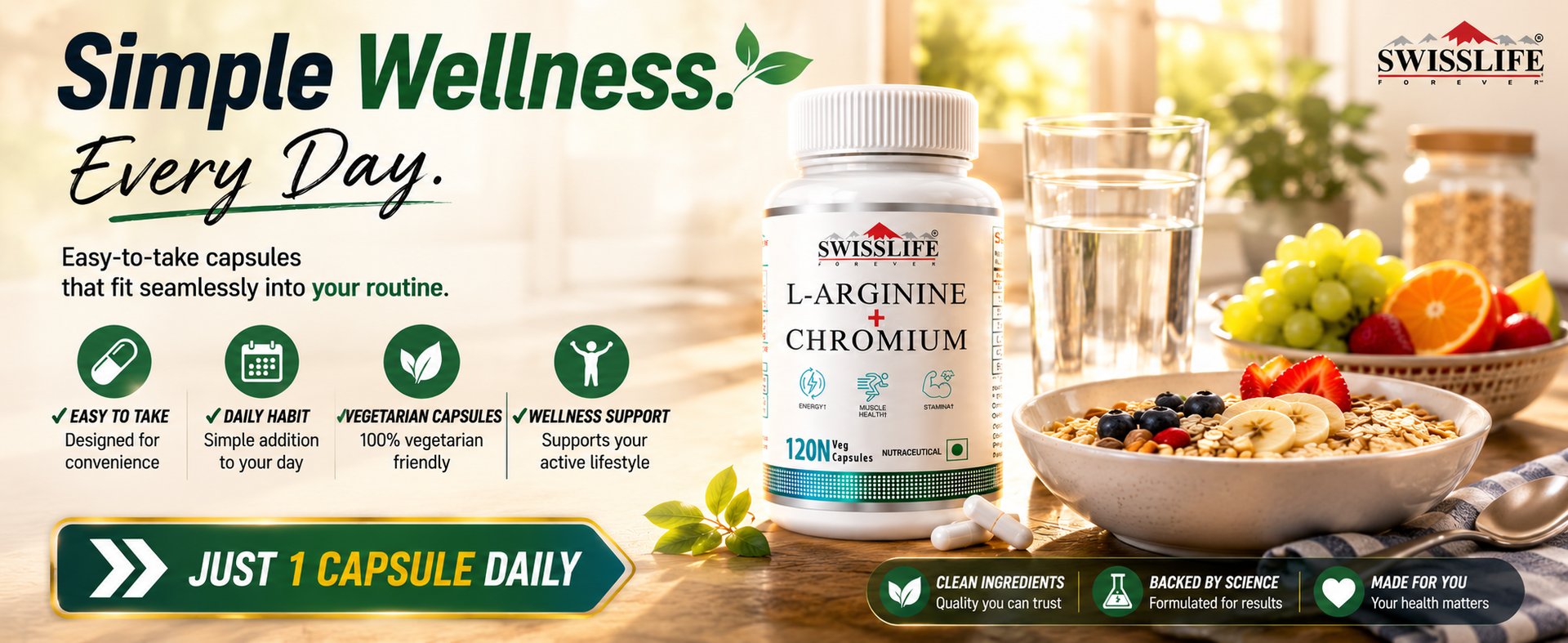 SWISSLIFE FOREVER L-Arginine & Chromium Capsules Supports Metabolism, Blood Sugar Balance & Cardiovascular Health Amino Acid Supplement for Men & Women Pack of 2 (120 Capsules)