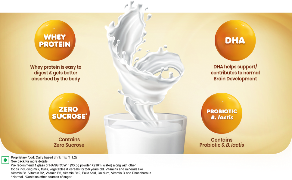 Nangrow Nutritious Milk Drink Powder For Growing Children Toddler Aged 2-6 Years | Contains DHA | Rich In Protein & Vital Nutrients | Creamy Vanilla Flavor, 400g, BIB Pack (Pack of 2)