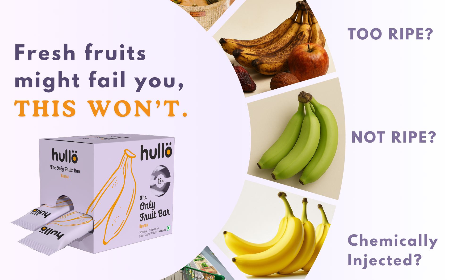 Hullo The Only Fruit Bar - Banana (Pack of 12 x 30g) | Healthy Snack Bar for Kids & Adults | Instant Energy Bar No Added Sugar & No Preservatives | Made with Only Banana, Strawberry, Black Grapes & Dates