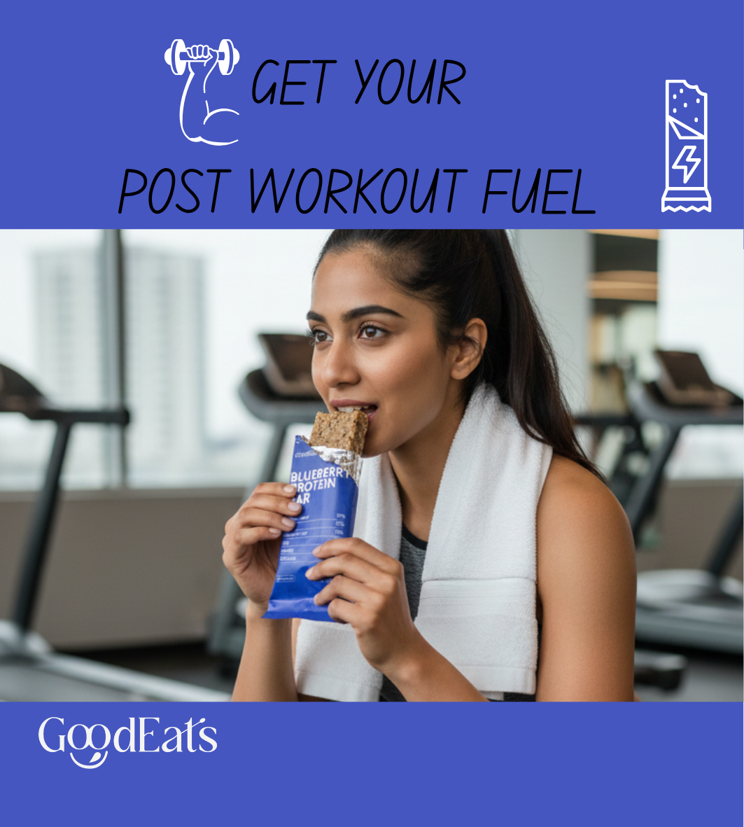 GoodEats Blueberry Protein Bar | Protein Blend (Soya Isolate + Whey Concentrate) | 23.1g Protein (Per 65g) | Naturally Occuring Sugars, Maximum Impact | Dates + Nuts | With Prebiotic Fiber | 65g x 4