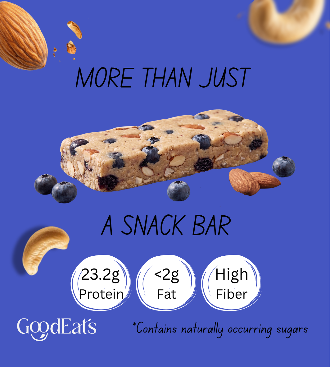 GoodEats Blueberry Protein Bar | Protein Blend (Soya Isolate + Whey Concentrate) | 23.1g Protein (Per 65g) | Naturally Occuring Sugars, Maximum Impact | Dates + Nuts | With Prebiotic Fiber | 65g x 4