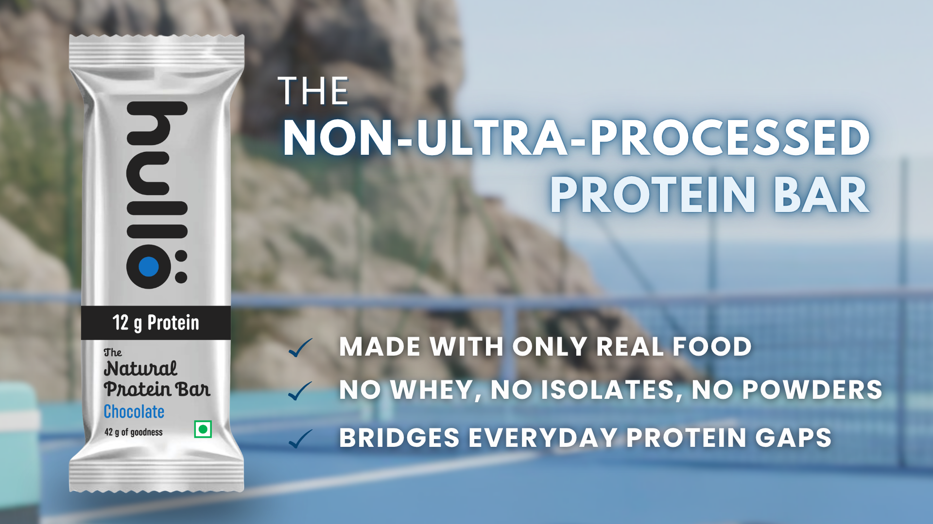 Hullo The Natural Protein Bar | High Fiber & Rich in Omega 3, 6, and 9 | Healthy Snack for Gym, Office & Travel | Dairy Free, Soy Free & Non Ultra Processed (Pack of 24, Chocolate)