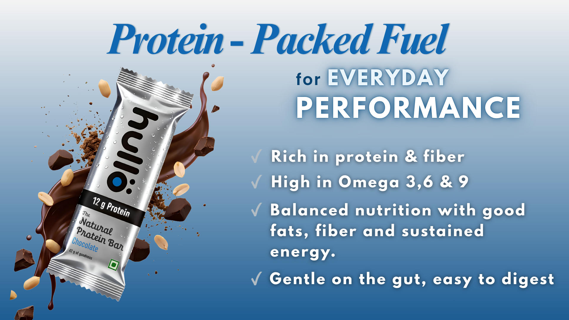 Hullo The Natural Protein Bar | High Fiber & Rich in Omega 3, 6, and 9 | Healthy Snack for Gym, Office & Travel | Dairy Free, Soy Free & Non Ultra Processed (Pack of 24, Chocolate)