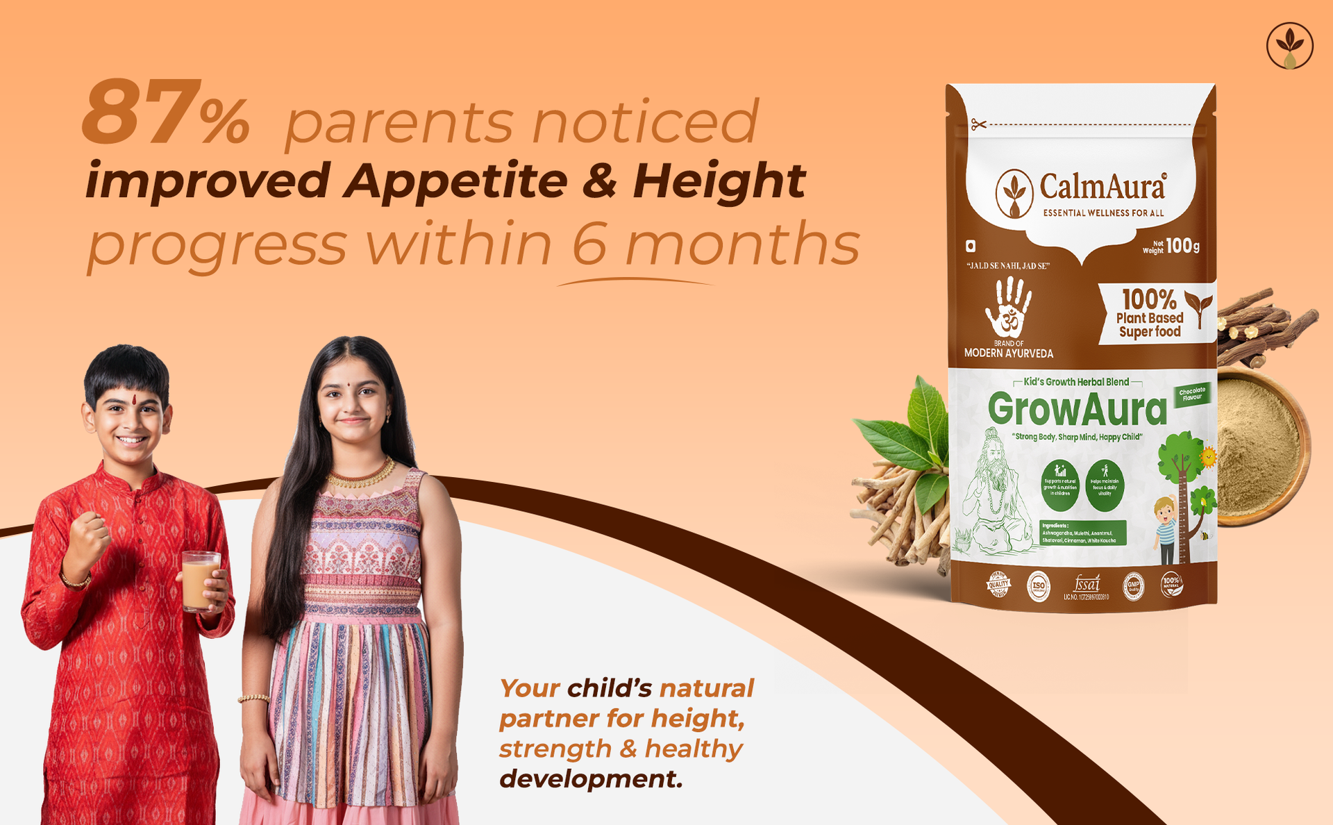 CalmAura GrowAura Ayurvedic Kids Growth Nutrition Powder 100g | Chocolate Flavor | Herbal Nutrition Drink For Kids | Supports Healthy Height Growth, Bone Strength, Immunity & Daily Energy | With Ashwagandha, Shatavari | Vegan
