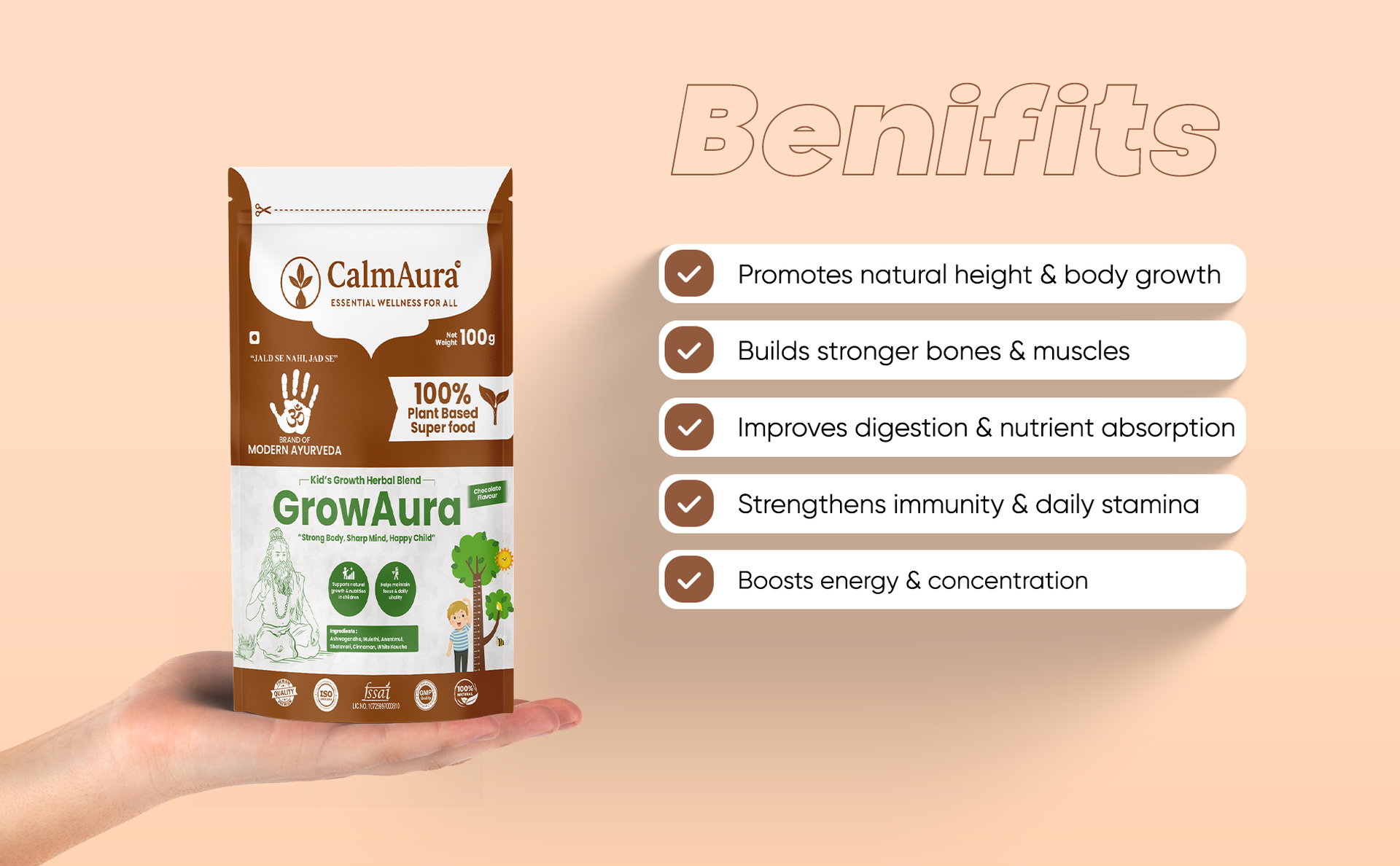 CalmAura GrowAura Ayurvedic Kids Growth Nutrition Powder 100g | Chocolate Flavor | Herbal Nutrition Drink For Kids | Supports Healthy Height Growth, Bone Strength, Immunity & Daily Energy | With Ashwagandha, Shatavari | Vegan