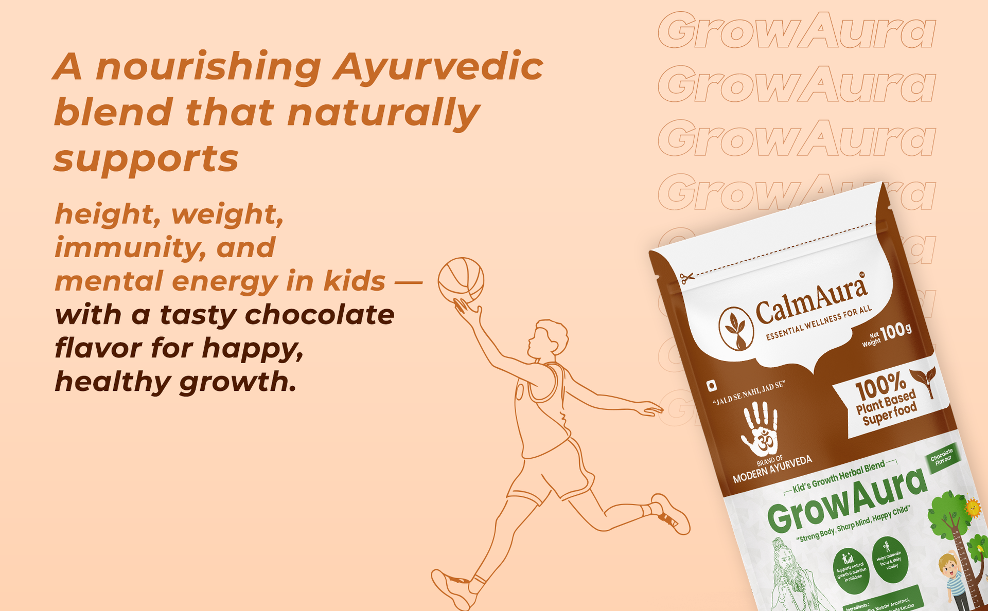CalmAura GrowAura Ayurvedic Kids Growth Nutrition Powder 100g | Chocolate Flavor | Herbal Nutrition Drink For Kids | Supports Healthy Height Growth, Bone Strength, Immunity & Daily Energy | With Ashwagandha, Shatavari | Vegan