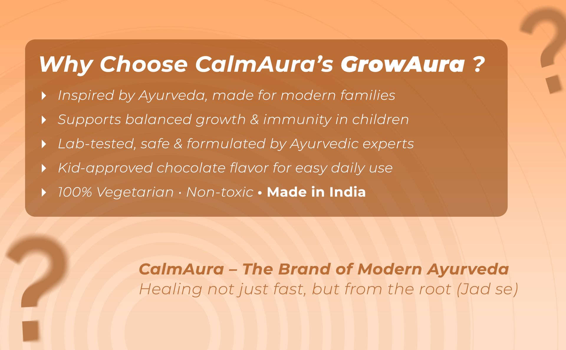 CalmAura GrowAura Ayurvedic Kids Growth Nutrition Powder 100g | Chocolate Flavor | Herbal Nutrition Drink For Kids | Supports Healthy Height Growth, Bone Strength, Immunity & Daily Energy | With Ashwagandha, Shatavari | Vegan