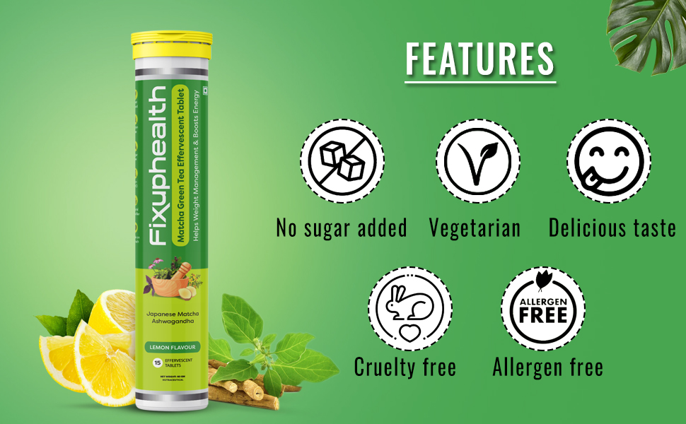 Fixuphealth Japanese Matcha Green Tea Effervescent Tablets with Ashwagandha Extract & Chromium Picolinate | Lemon Flavour | Energy, Metabolism & Wellness Support | 15 Dissolvable Tablets