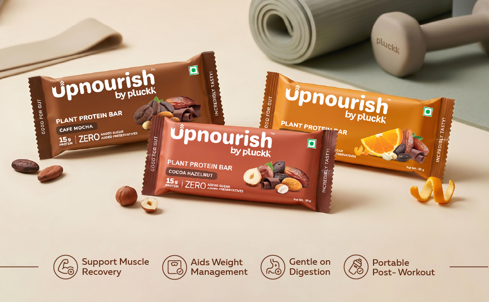 Upnourish by Pluckk | 15G Plant Protein Bar | Cocoa Hazelnut | No Preservative | No Added Sugar | Gut Friendly (Pack of 6) - 300G