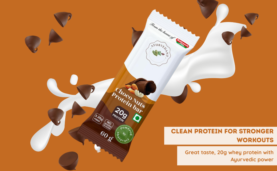 Ayurvedant Choco Nuts Protein Bar, 20g Protein, No Added Sugar, 60g x 6 Pack|From The House Of Baidyanath