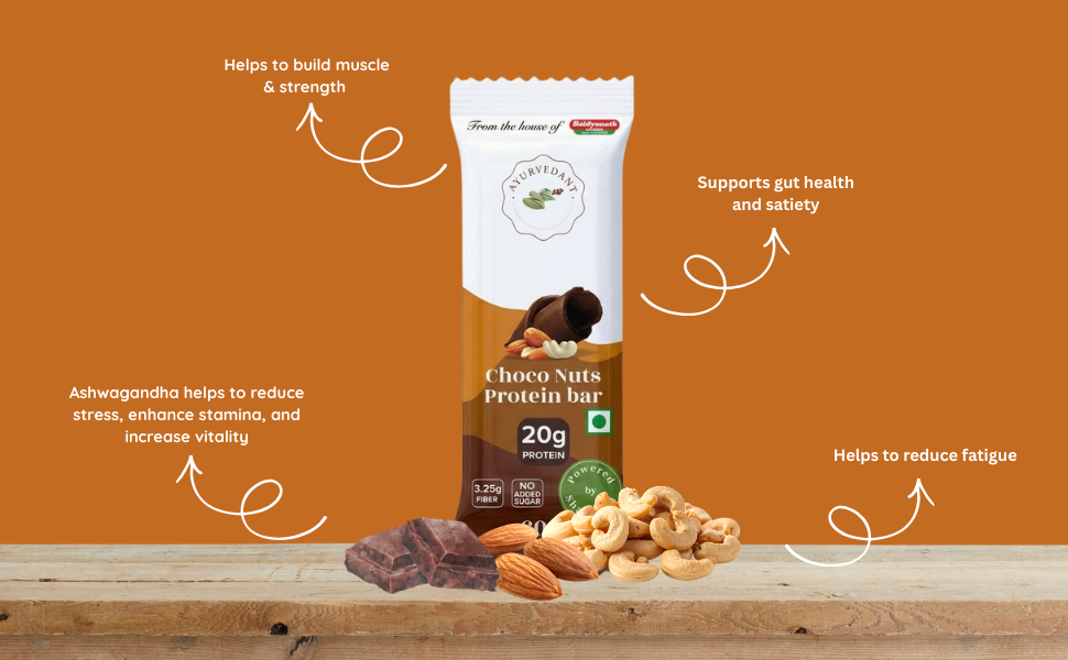 Ayurvedant Choco Nuts Protein Bar, 20g Protein, No Added Sugar, 60g x 6 Pack|From The House Of Baidyanath