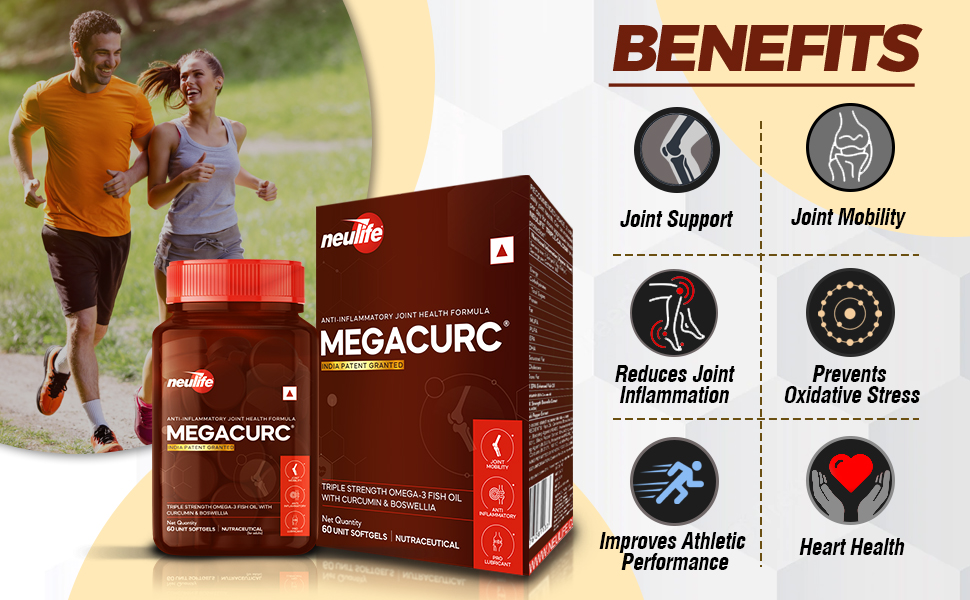 Neulife MEGACURC® Nano-Curcumin + Triple Strength Fish Oil with 10X Boswellia Power - Advanced Joint Support - High Absorption Formula - 60 Softgels - Omega 3, Anti-Inflammatory Supplement‎