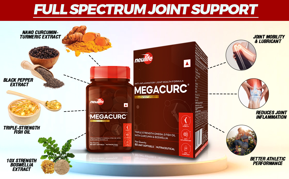 Neulife MEGACURC® Nano-Curcumin + Triple Strength Fish Oil with 10X Boswellia Power - Advanced Joint Support - High Absorption Formula - 60 Softgels - Omega 3, Anti-Inflammatory Supplement‎