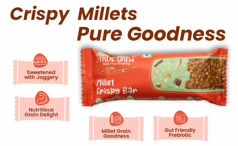 True Crew Millet Crispy Bar | 25gm Each (Pack of 10) | Healthy Snack Bar with Jaggery | High Protein, High Fiber, No Trans Fat | Guilt-Free Energy Bar