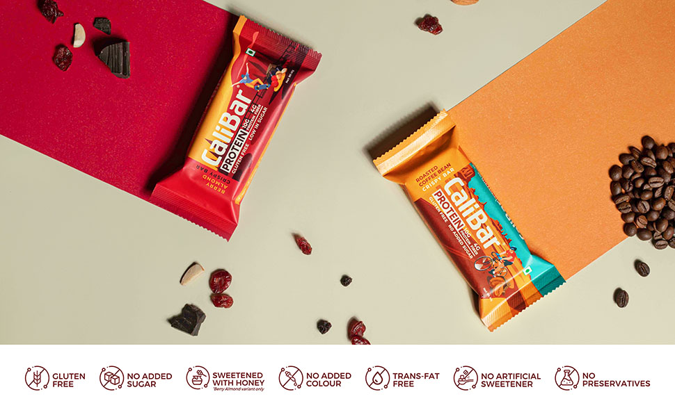 CaliBar 10g Protein Bar - Berry Almond + Roasted Coffee Bean Crispy Bar (Combo Pack of 4) Assorted Pack, With Real Coffee, With Real Bits of Cranberry & Blackcurrant, Low In Sugar, Sweetened With Honey, Gluten-Free, 4g Fiber, No Preservatives, Delicious Taste & 100% Veg. | Guilt-Free snacking for High Protein diets, Sustained Energy, Fitness & Immunity (40g x 4 Bars)