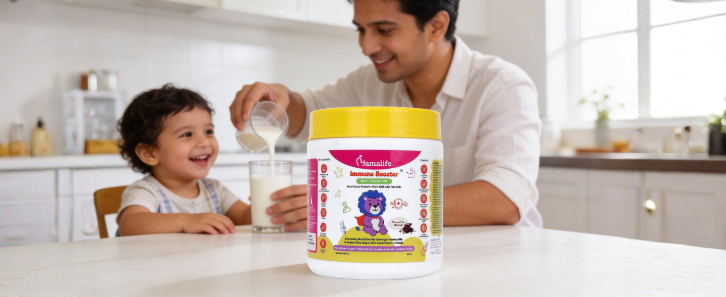 Mamalife Immune Booster Kids Milk Mix | 2–6 Years | No Refined Sugar | Chocolate Flavour | Vegetarian | High Protein | Fewer Sick Days | Germs Protection | Gut & Respiratory Health | 350g