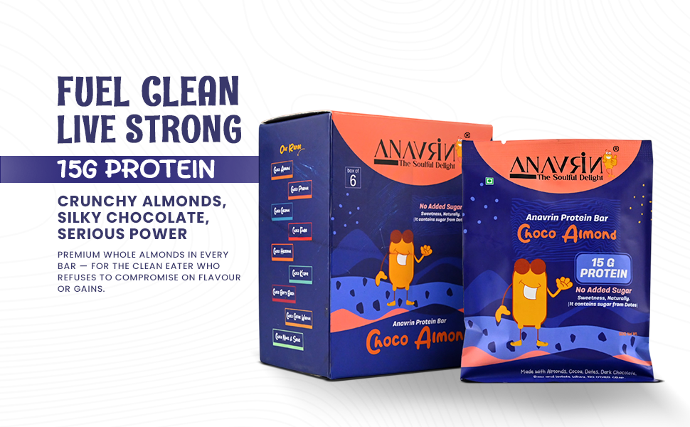 ANAVRIN Choco Almond Protein Bar - 15g Protein, 5g Fibre with Goodness of Dates (6 Bars x 50gm) No Added Sugar, No Soy, No Preservatives Gluten Free Energy Bar, Healthy Snack