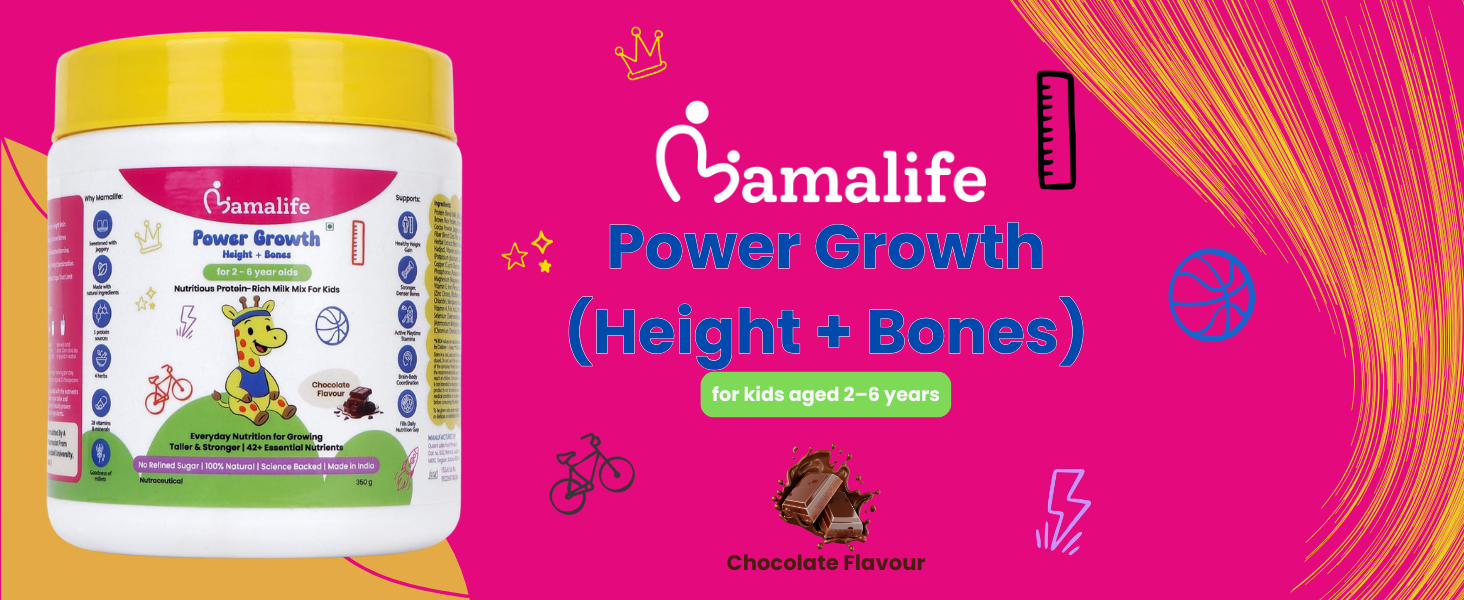 Mamalife Power Growth (Height + Bones) Kids Protein-Rich Milk Mix | 2–6 Years | No Refined Sugar | Chocolate Flavour | Height Gain | Stronger Bones | Vegetarian | High Protein | Natural | 350g