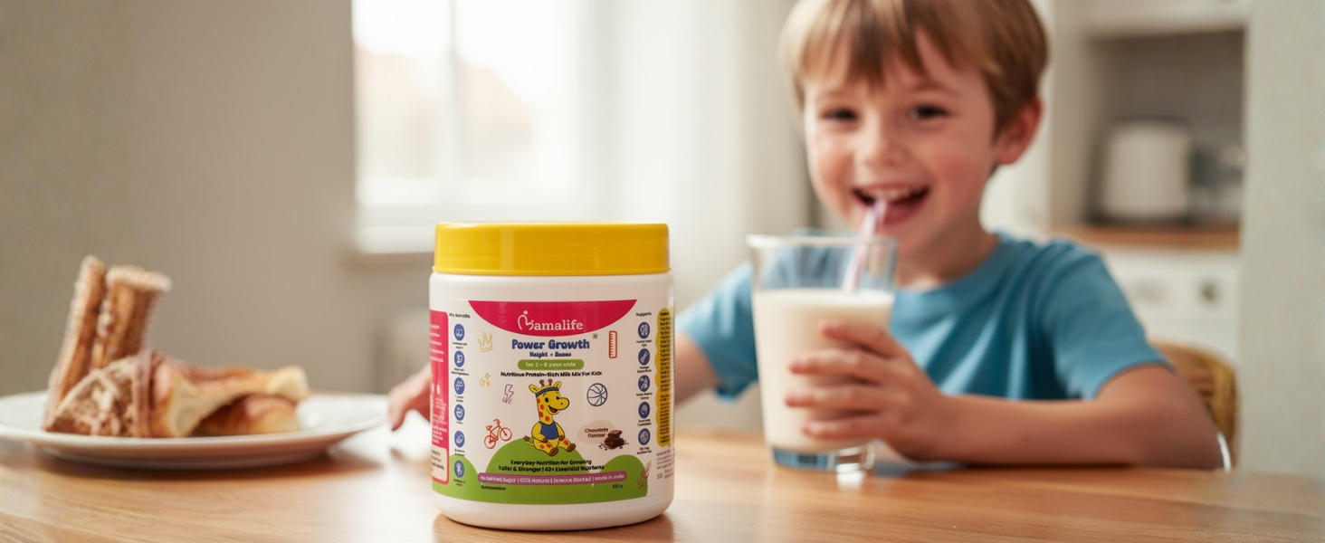 Mamalife Power Growth (Height + Bones) Kids Protein-Rich Milk Mix | 2–6 Years | No Refined Sugar | Chocolate Flavour | Height Gain | Stronger Bones | Vegetarian | High Protein | Natural | 350g
