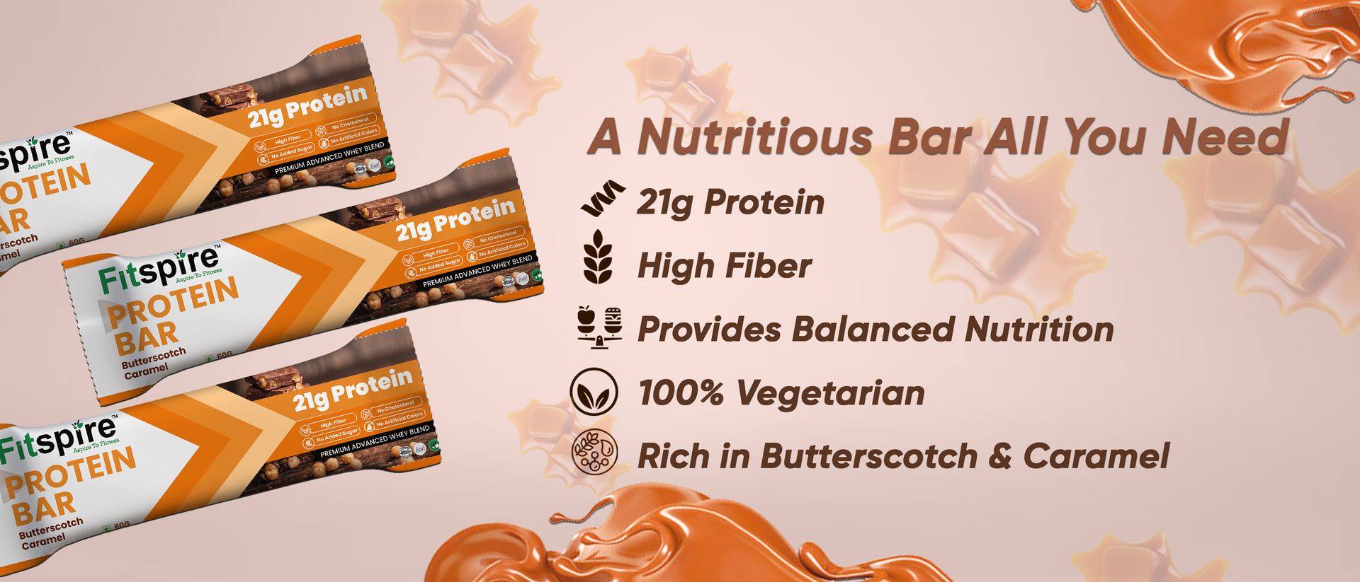 Fitspire Butterscotch Caramel Protein Bar (60g)- 21g Protein from Whey Blend- Low Sugar High Fiber Snack- Supports Muscle Recovery, Satiety and Energy- No Artificial Preservatives