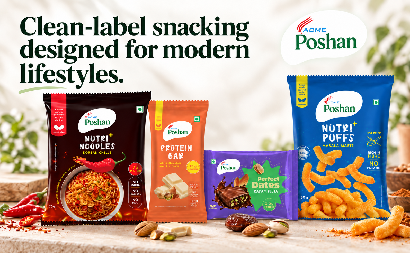 ACME Poshan Snack Variety Pack, Perfect Dates Badam Pista Pack of 3, Nutri+ Noodles Indian Masala, Nutri+ Puffs Masala Masti, No Palm Oil, High Protein Healthy Snacks Combo