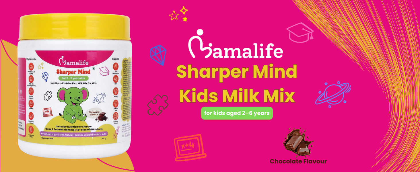 Mamalife Sharper Mind Kids Milk Mix | 2-6 Years | No Refined Sugar | Chocolate Flavour | Better Focus | Cognitive Growth | Memory | 46+ Nutrients | Vegetarian | High Protein | Natural | 350g