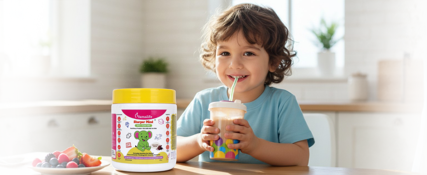 Mamalife Sharper Mind Kids Milk Mix | 2-6 Years | No Refined Sugar | Chocolate Flavour | Better Focus | Cognitive Growth | Memory | 46+ Nutrients | Vegetarian | High Protein | Natural | 350g