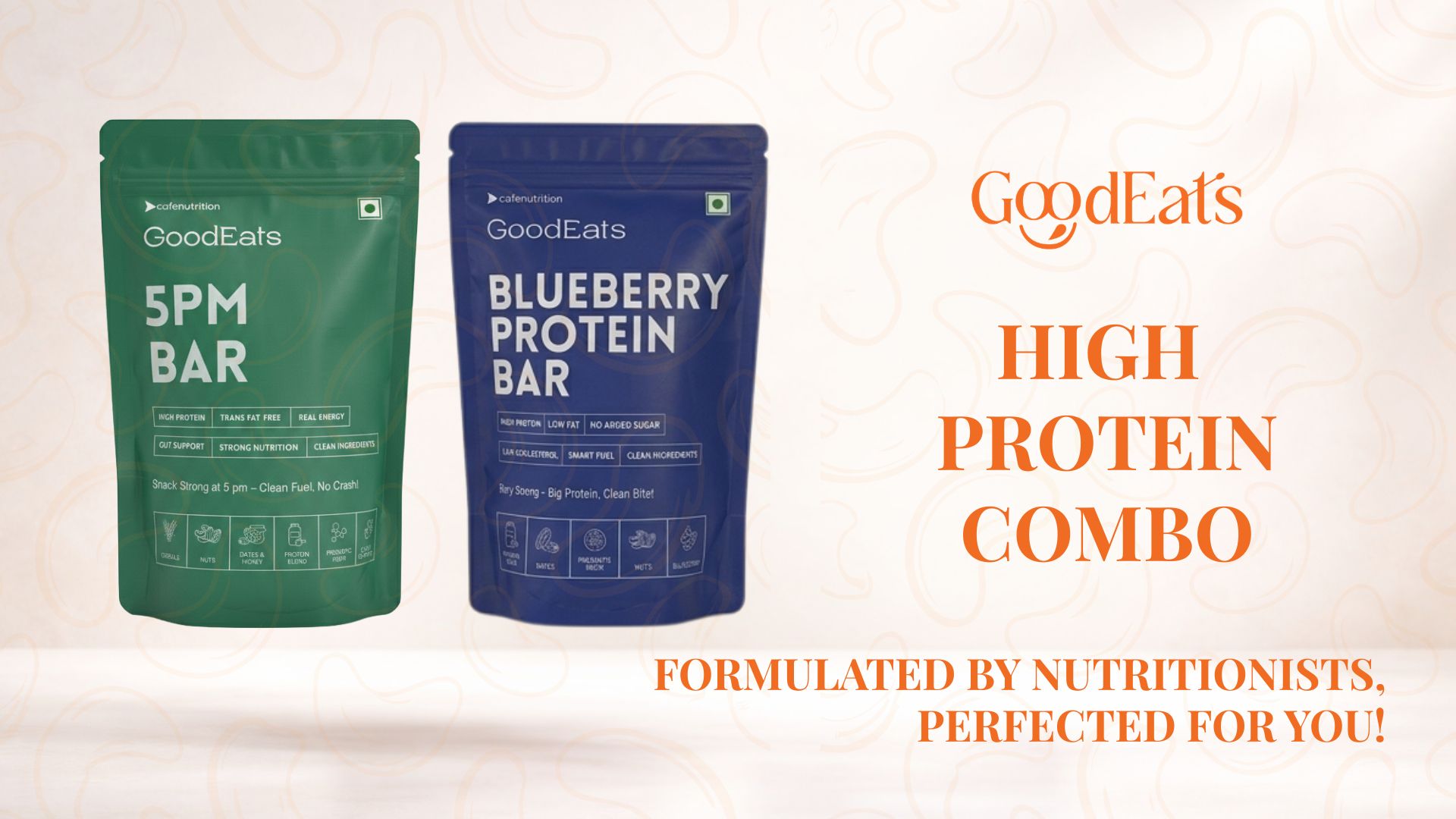 GOODEATS HIGH PROTEIN COMBO: 17.7g Protein (Per 50g Bite) + 23.2g Protein (Per 65g Bar) | Low Added Sugar (<0.4g & 0.5g) | Nuts & Seeds + Oats & Jowar | With Prebiotic Fiber | Whey Concentrate + Soya Isolate | No Artificial Preservatives | 50g x 5 & 65g x 4