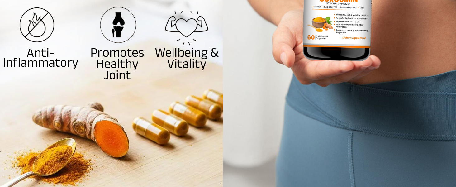 Curcumin 95% Curcuminoids Capsules with Piperine, Turmeric Extract with Ginger, Ashwagandha & Tulsi, Joint & Mobility Support, Antioxidant & Daily Wellness Supplement, Veg Capsules for Men & Women– 60 Count