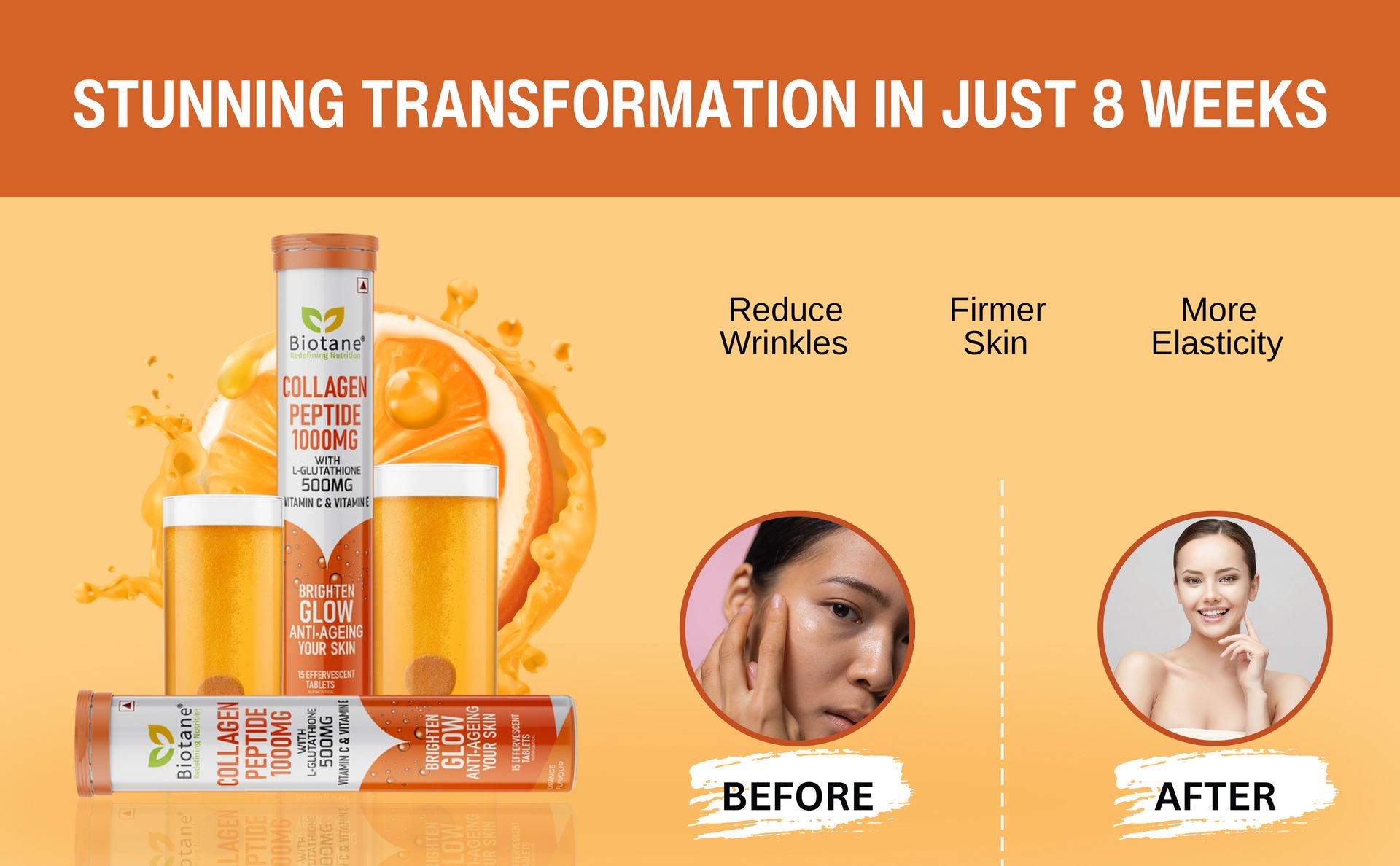 BIOTANE L‑Glutathione 500mg with Collagen Peptide 1000mg Effervescent Tablets – Innovative Dual Active Formula I Now with Vitamin C & Vitamin E | Skin Brightening, Glow & Anti-Ageing Supplement | Orange Flavour | 15 Effervescent Tablets