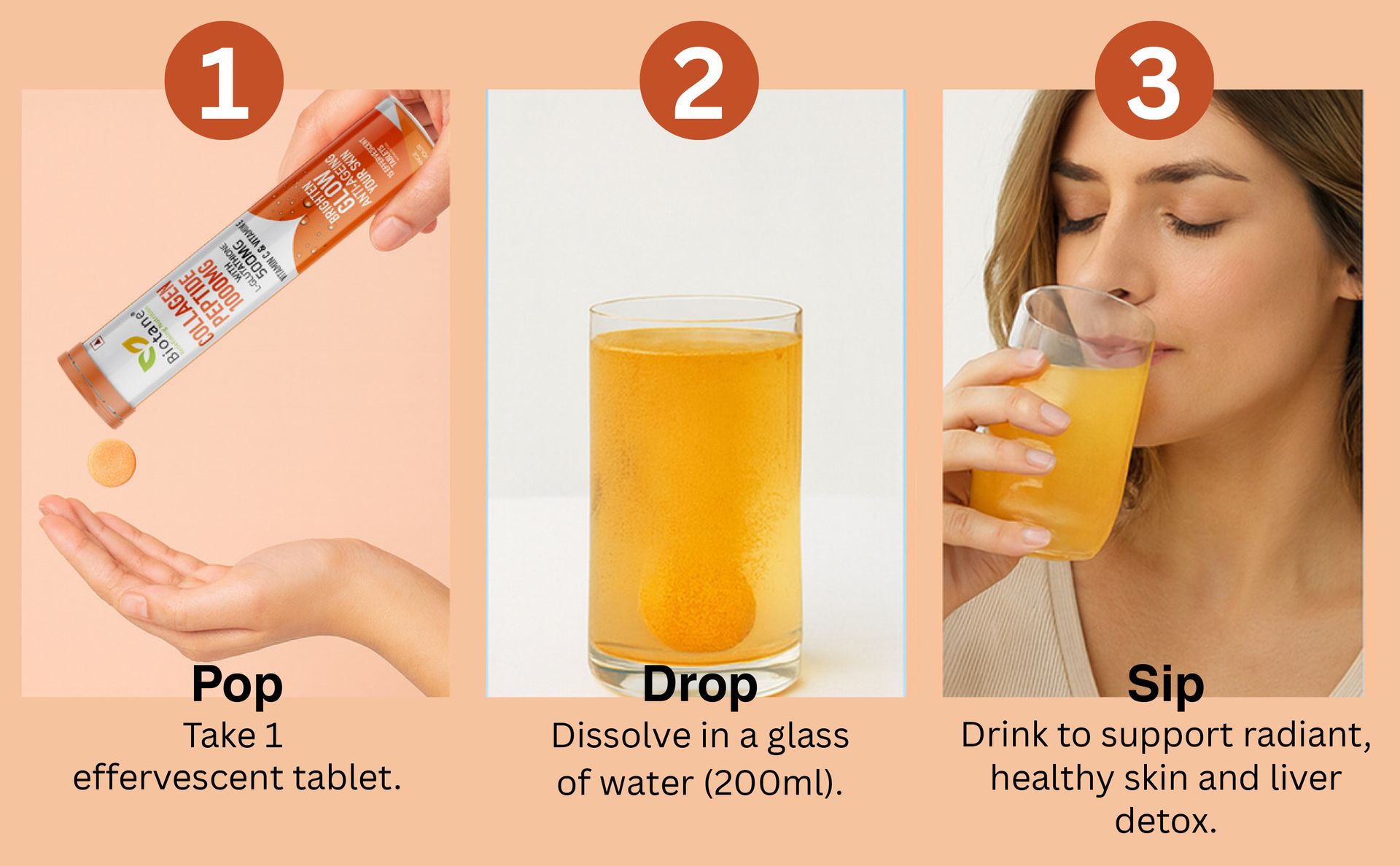 BIOTANE L‑Glutathione 500mg with Collagen Peptide 1000mg Effervescent Tablets – Innovative Dual Active Formula I Now with Vitamin C & Vitamin E | Skin Brightening, Glow & Anti-Ageing Supplement | Orange Flavour | 15 Effervescent Tablets