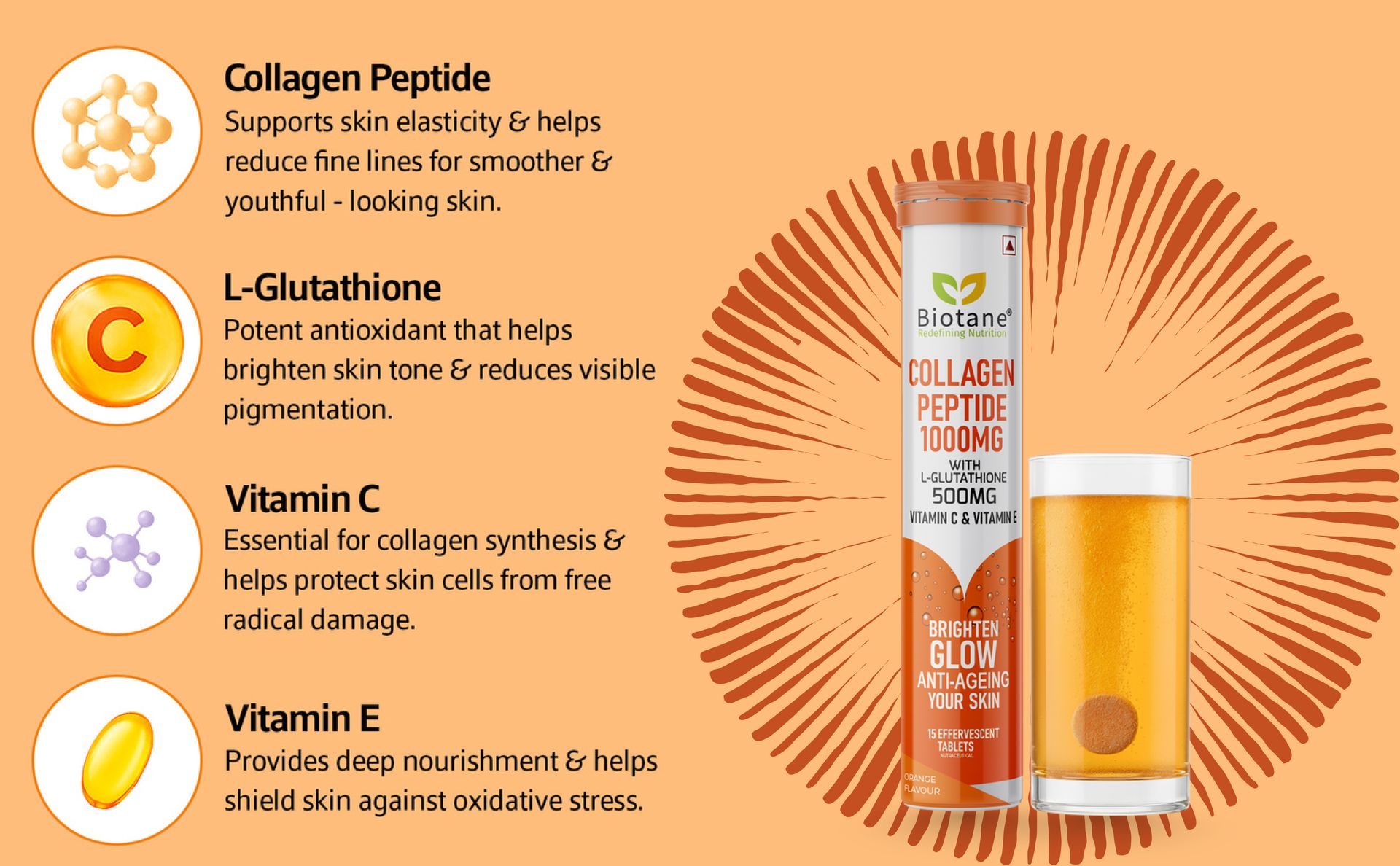 BIOTANE L‑Glutathione 500mg with Collagen Peptide 1000mg Effervescent Tablets – Innovative Dual Active Formula I Now with Vitamin C & Vitamin E | Skin Brightening, Glow & Anti-Ageing Supplement | Orange Flavour | 15 Effervescent Tablets