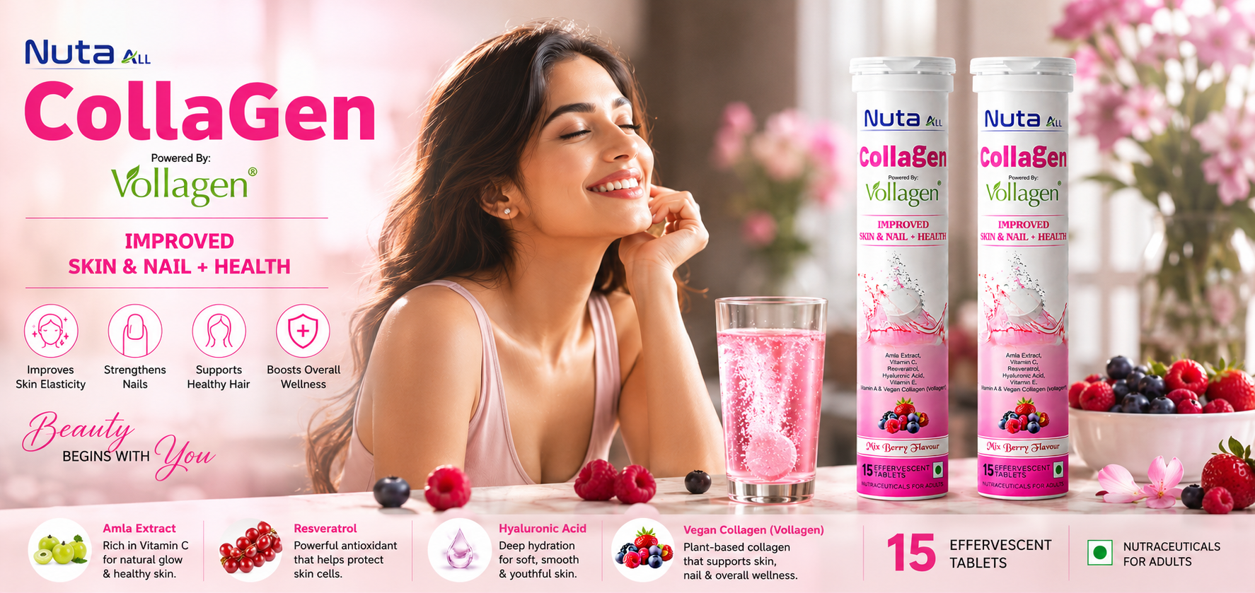 Collagen Effervescent Tablets | Vegan Collagen (Vollagen), Vitamin C & Hyaluronic Acid | Skin Glow, Hair & Nail Support | Mix Berry | 15 Tablets