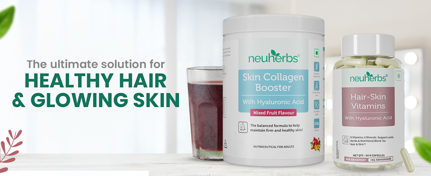 Neuherbs Collagen Supplement Powder- 200g and Hair Vitamin Supplement with Biotin (60 Capsules) - Combo Pack for Women & Men for Healthy Skin, Healthy Hairs & Shining Nails.