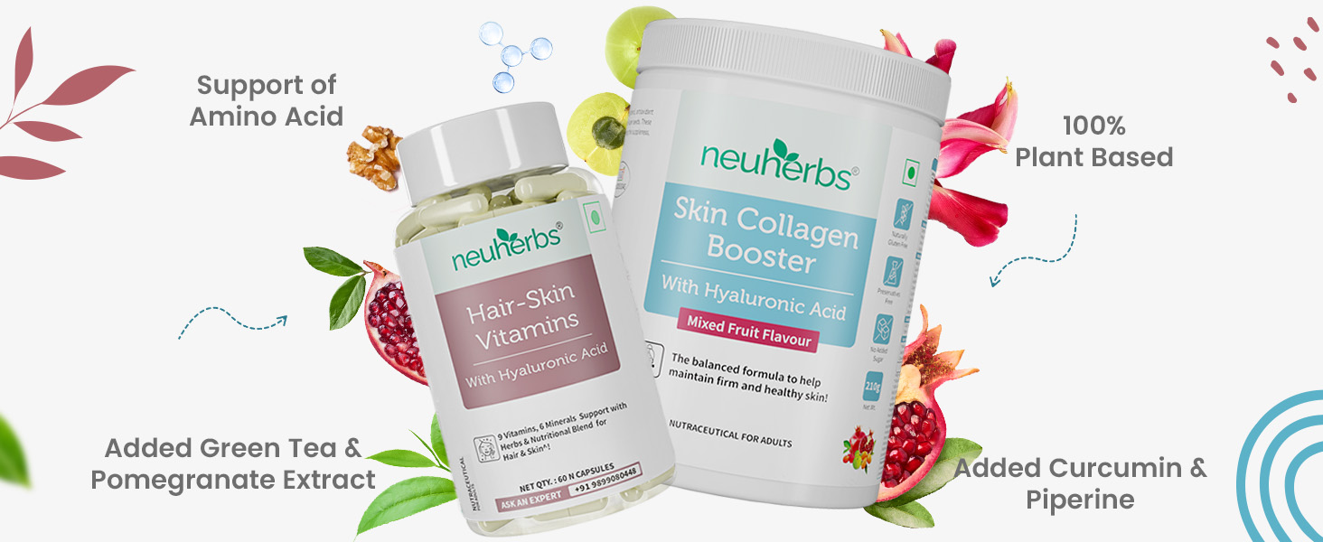 Neuherbs Collagen Supplement Powder- 200g and Hair Vitamin Supplement with Biotin (60 Capsules) - Combo Pack for Women & Men for Healthy Skin, Healthy Hairs & Shining Nails.