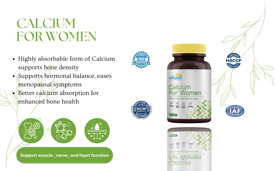 Vayas Life Calcium for Women – 60 Tablets for Bone Strength and Hormonal Balance - with Vit D3, K2, Mg, Zn & Powerful Herbs – Supports Bone, Joint & Muscle Health, and Menopausal Wellness | Pack of 1