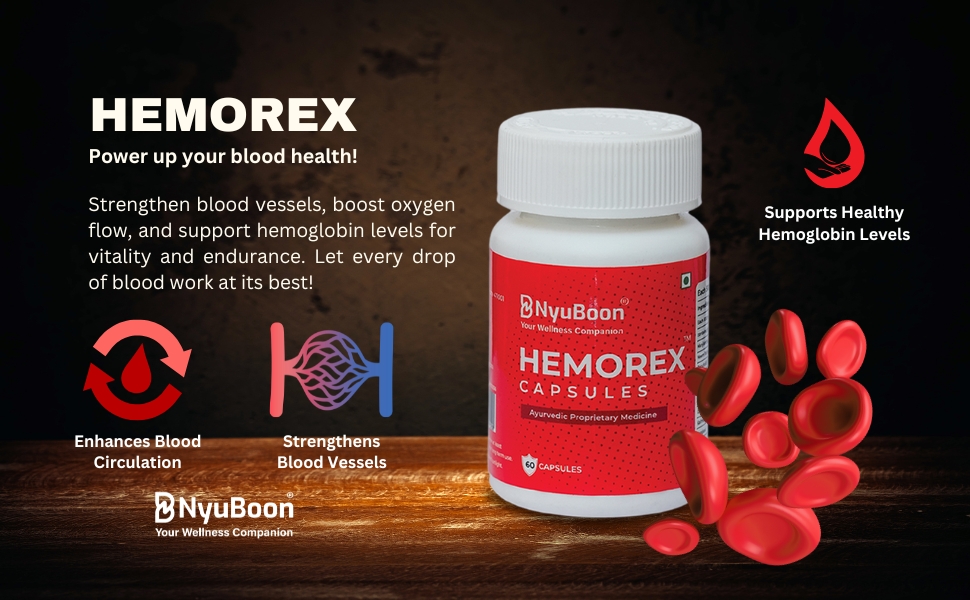 Hemorex Capsules - Ayurvedic Supplement for Blood Circulation, Cardiovascular Health & Energy Boost | Reduces Fatigue | Supports Healthy Oxygen Flow | 60 Capsules