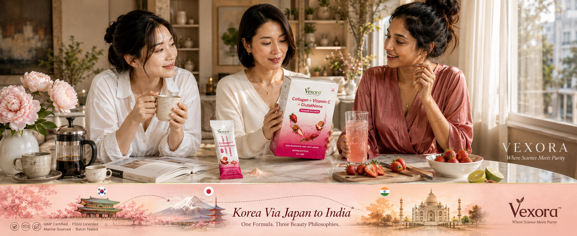 Marine Collagen Powder 5000mg with Glutathione 250mg and Vitamin C | Japanese Korean Deep Sea Collagen | Nano Hydrolyzed | Sugar Free | Skin Glow and Anti Ageing | 15 Sachets
