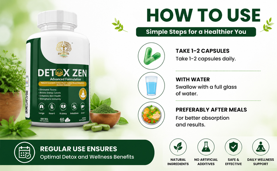 DetoxZen Detox Capsules | Milk Thistle, Amla, Guduchi, Dandelion & Manjistha | Ayurvedic Herbal Detox Supplement | Liver & Digestion Support | 60 Veg Capsules