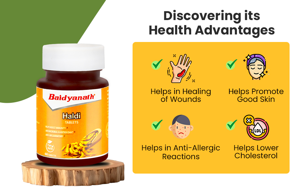Baidyanath Ayurved Turmeric Tablets with Natural Haldi Extract (60TB) Pack of 1 - Helps Boost Immunity, Blood Cleansing, Skin Problems, Strengthen Digestion