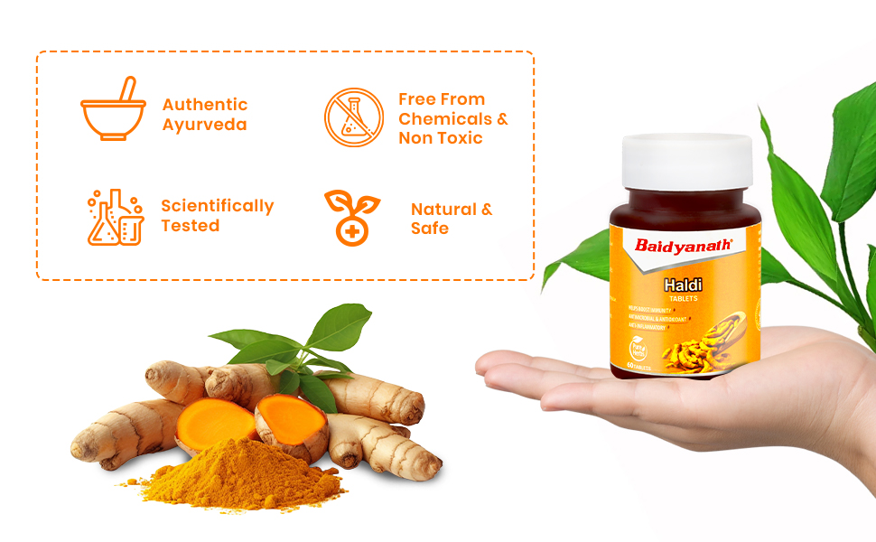 Baidyanath Ayurved Turmeric Tablets with Natural Haldi Extract (60TB) Pack of 1 - Helps Boost Immunity, Blood Cleansing, Skin Problems, Strengthen Digestion