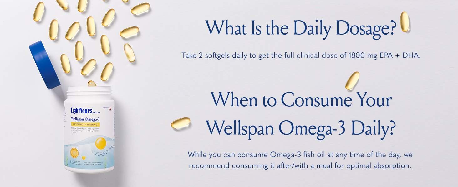 LightYears Wellspan Omega 3 Fish Oil Capsules | 6X Strength | 3000 mg Fish Oil with 1800 mg EPA DHA for Men & Women | Mercury-Free | Lemon Flavoured for No Fishy Burps | 3rd Party Tested | 60 Capsules
