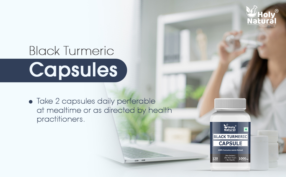 Holy Natural Black Turmeric Capsules - 120 Capsules (500 mg/cap) | Potent Black Turmeric Powder Use | Pure and Natural