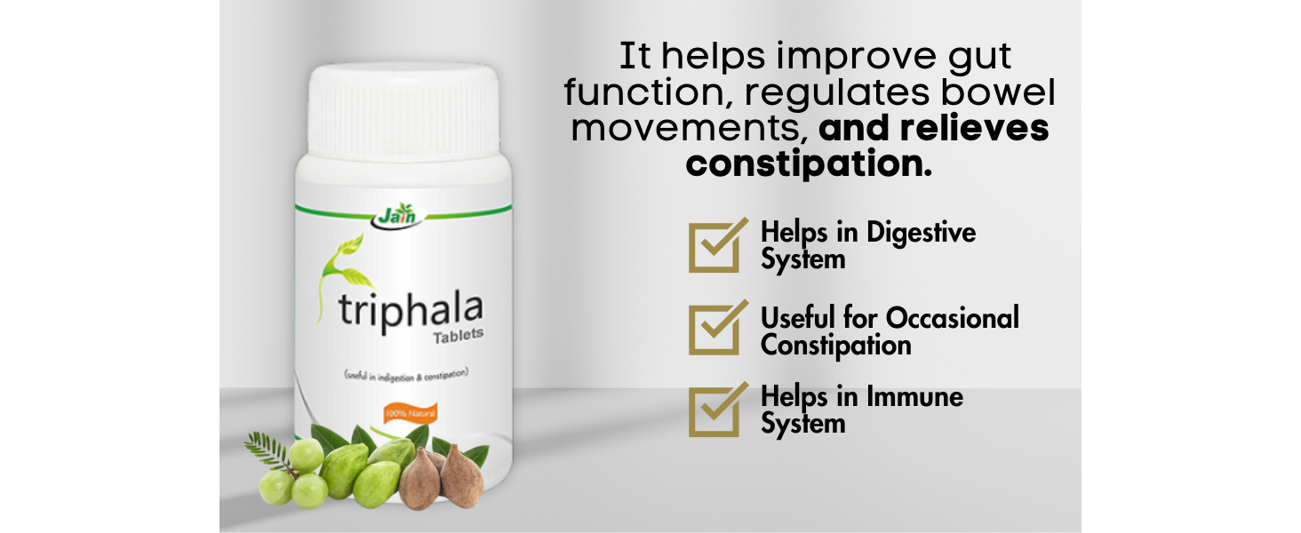 Jain Triphala Tablets 100 Count (Pack of 3 X 100 Tabs) Ayurvedic Digestive Support Supplement | Triphala Churna Tablet with Amla, Harad & Baheda | Gut Health, Detox Support, Metabolism Support | Natural Herbal